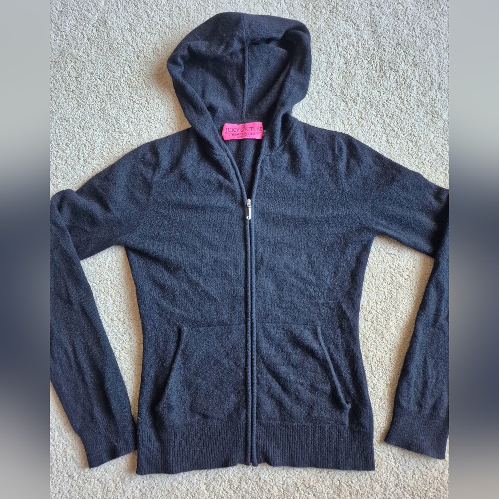 Vintage Juicy Couture Black Cashmere Hooded Jacket Size Petite